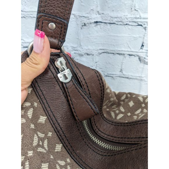 Fossil Maddox Jacquard Brown Geometric Pattern Leather Bucket Bag - Picture 11 of 16